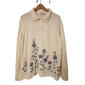 Alfred Dunner Womens 1X Cream Embroidered Floral Polo Sweater